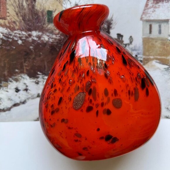 Vintage Hand Blown Orange, Gold, and Black Speckled Glass Bud Vase - Picture 3 of 8